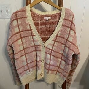 LC Lauren Conrad Pink and Cream Plaid Cardigan